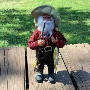 Santa Claus‎ House Fisherman Gnome Figurine Holding Fish with Fishing Pole